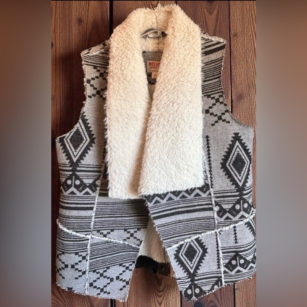 Mossimo Supply Co. sherpa-lined vest w/ geometric Aztec pattern and shawl collar